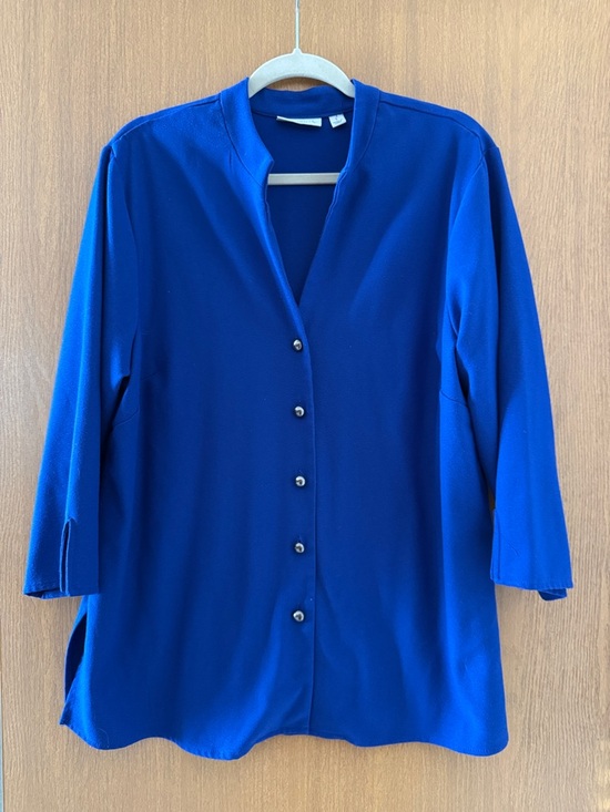 Susan Graver Tops - Susan Graver Blue Button‑Front Top – Mandarin Collar, Size Large